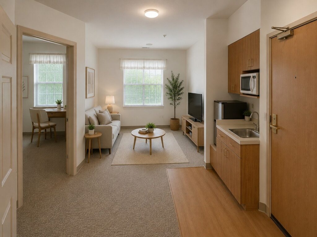 Two-bedroom model apartment with kitchenette and furnished living area