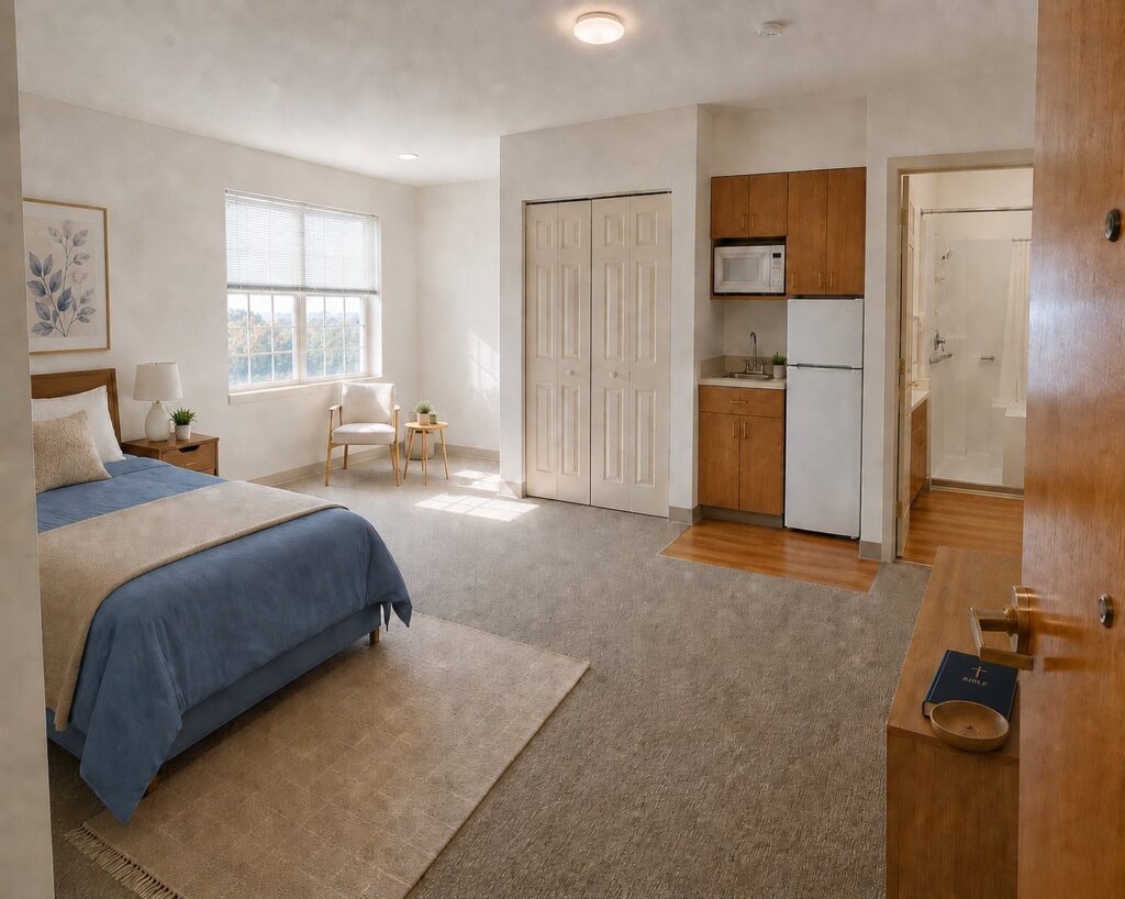 Studio model apartment with bed, kitchenette, and dining area